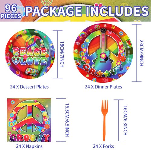 96 Pcs 60's Hippie Plates and Napkins 350 GSM Groovy Party Decorations Disposable Tableware Set Peace Love Tie Dye Birthday Party Decorations for 60s 70s Carnival Baby Shower Party Supplies Serves 24