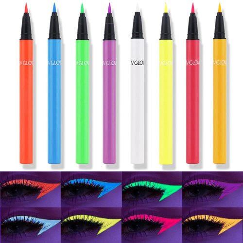 8 Colors Neon Colorful Liquid Eyeliner Makeup Set Kit Glow in the Dark Bright Rainbow Matte Colored Pigmented Graphic Liquid Eyeliners Pen Set for Body Face Paint Delineador de ojos líquido de neón