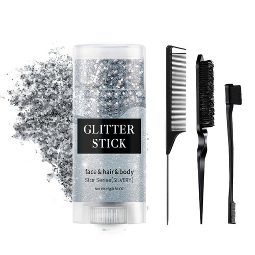 Sparkling Glitter Stick, Sweatproof Hair Glitter Gel, Instant Adhesion Silver Body Glitter Pocekt Size Silver Face Glitter for Kids Women 0.56 Oz.(Silver)