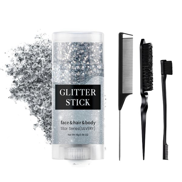 Sparkling Glitter Stick, Sweatproof Hair Glitter Gel, Instant Adhesion Silver Body Glitter Pocekt Size Silver Face Glitter for Kids Women 0.56 Oz.(Silver)