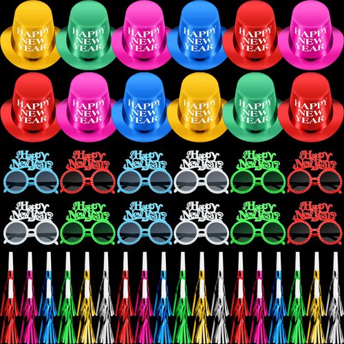 Shappy 36 Pieces Happy Year Party Supplies Includes 12 Paper Year Party Hats, 12 LED Light up Glow in The Dark Glasses, 12 Colorful Blowers Noisemakers for Year's Eve Party Decoration Supplies
