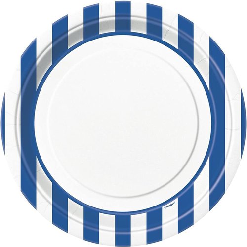 Unique Royal Blue Stripes Round Dinner Paper Plates-9" 8 Pcs