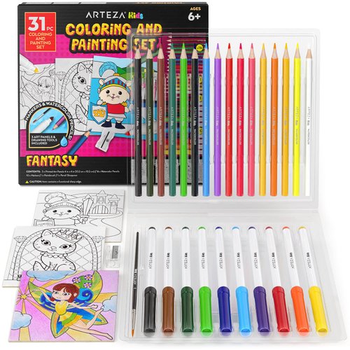 Arteza Kids Fantasy Coloring Kit, 3 Canvases 4 x 4 Inches, 10 Markers, 16 Watercolor Pencils, 1 Paint Brush, 1 Sharpener, Art Set for Kids Activities