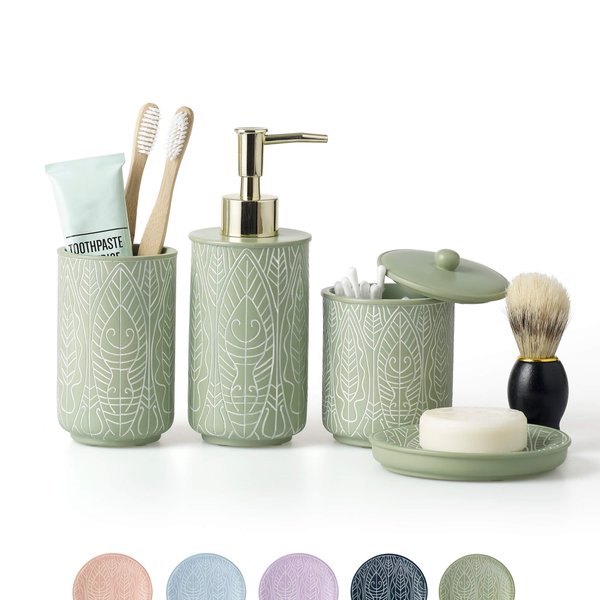 Premium Pastel Green Bathroom Accessories Set, Green, Boho Decor. Accesorios para Baños. New Apartment Essentials. Green Toothbrush Holder and Soap Dispenser.