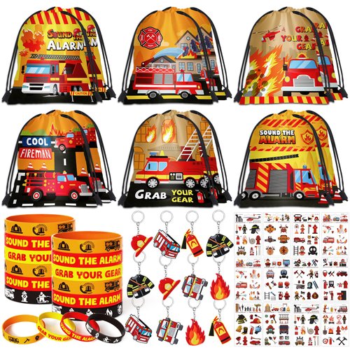 SNLN Fire Truck Party Favors Birthday Supplies, Firefighter Drawstring Bag Keychain Silicone Brac...