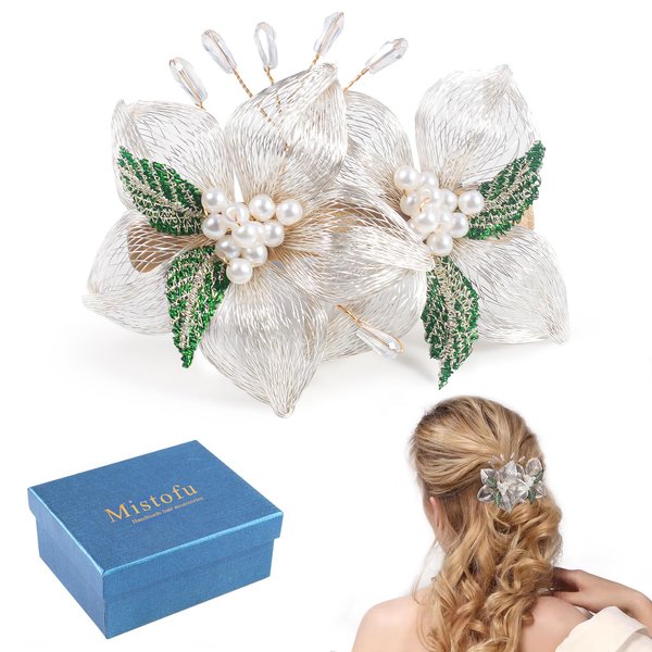 Mistofu DIY Copper Wire Metal Hand Woven Wedding Hair Accessories 3.93inch High-level design Barrettes Elegant Gifts for Women Girls (White gradient double flower)