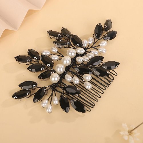 BERYUAN Crystal Rhinestone Hair Comb Rhinestone Pearls Headpiece Teardrop Rhinestone Wedding Hair Accessories for Women (black)