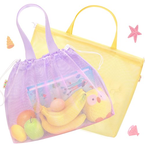 Tagitary Beach Toys Kids Beach Bag Tote with Drawstring,Yellow Purple Mesh Bag Travel Beach Essentials for Kids Swim Pool Gym Bag Camping Accessories Toys Storage Lightweight Foldable Birthday Gifts