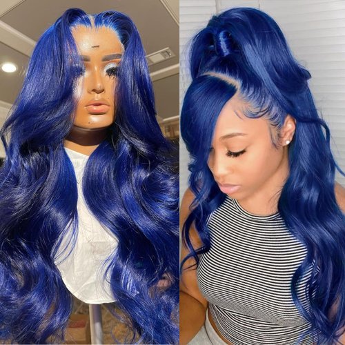 EVLYNN Navy Blue Wave lace Front Wigs 13 × 4 Glueless Lace Front Wig Synthetic Heat Resistent Wigs for Women (Navy Blue)