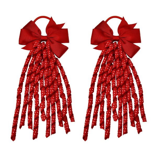 2 PCS Hair Bow Ties Elastic Korker Hair Ribbons for Girls Curly Bowknot Hair Ponytail Holder for Kids Grosgrain Bow Hair Rubber Bands, Red