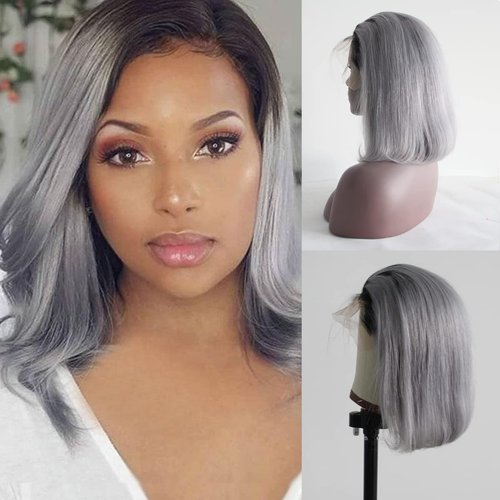 Aprilhair Pre-plucked 1B/Grey Bob Lace Front Wigs Straight Glueless 130% Density Short Cut Brazilian Virgin Human Hair With Baby Hair Full And Thick Free Part 14 Inch