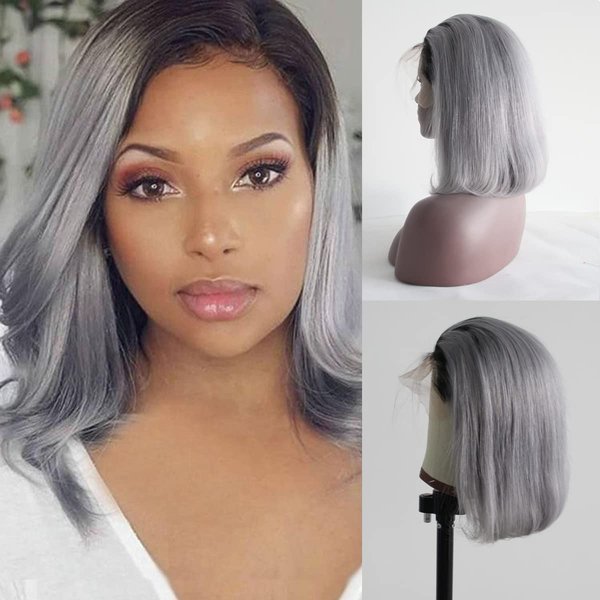 Aprilhair Pre-plucked 1B/Grey Bob Lace Front Wigs Straight Glueless 130% Density Short Cut Brazilian Virgin Human Hair With Baby Hair Full And Thick Free Part 14 Inch