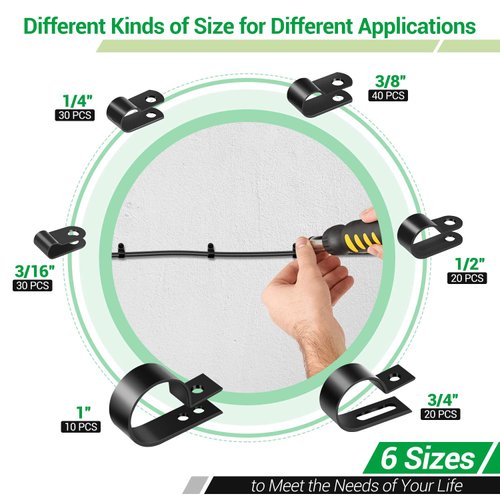 Cable Clips for Cable Management Cord Organizer, 6 Sizes 300 PCS Nylon R-Type, 3/16'' 1/4'' 3/8'' 1/2'' 3/4'' 1'' Black Plastic Screw Mounting Cord Fastener Clamp Assortment Kit with M4 Screws