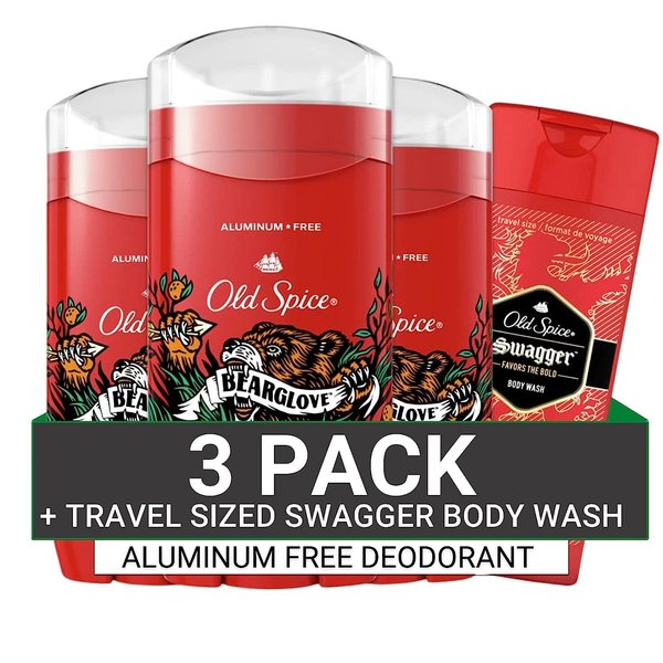 Old Spice Men's Deodorant Aluminum-Free, Bearglove Scent, 48 Hr. Protection, 3.0 oz, (Pack of 3) with Travel-Size Swagger Body Wash