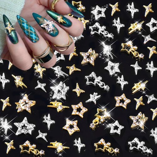 Juome Nail Charms - 36Pcs Star Nail Charms and Gems, 3D Gold Silver Stars Nail Art Charms, Shinny Starlight Nail Charms for Acrylic Nails, Y2K Nail Art Decorations Supplies(18Pcs Gold, 18Pcs Silver)