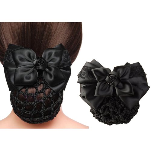 Women Bowknot Snood Net Barrette Hair Clip Bun Cover Hairnet Satin Bow Barrette French Hair Clips Ribbon Flower Hair Accessories for Stewardess Banks Hotels Restaurant Staff (Black)