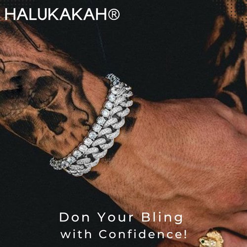 Halukakah Gold Chain Iced Out for Men,Men's 14MM Miami Cuban Link Chain Bracelet 7In(18cm) Platinum White Gold Finish,Full Cz Diamond Cut Prong Set,Gift for Him