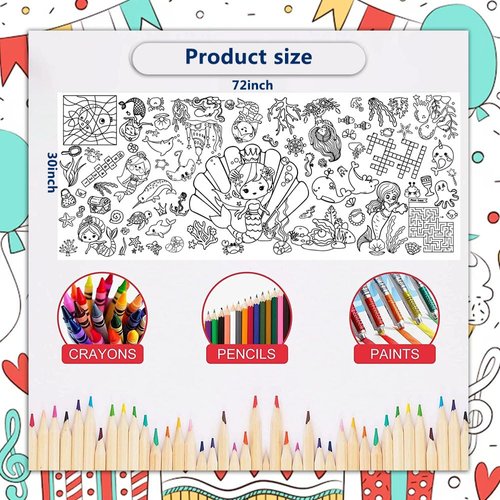 Quimoy Mermaid Tablecloth, Mermaid Giant Coloring Poster for Kids 30 x 72 Inch, Mermaid Coloring Banner, Mermaid Party Decorations for School Classroom Home Supplies