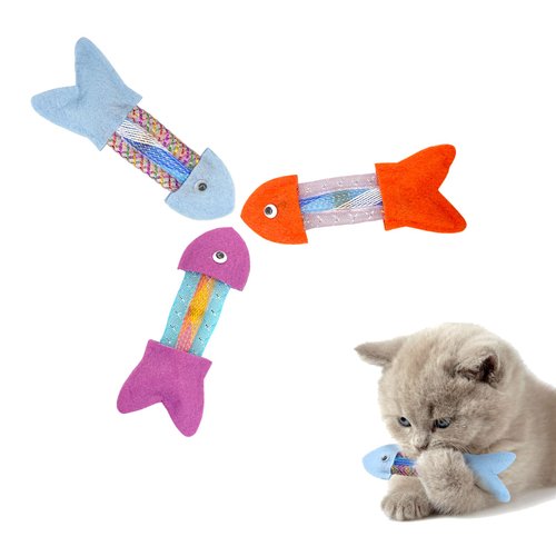 Andiker Cat Spring Toy Non-Woven Fish, 3Pcs 5.7in Non-Woven Silvervine Fish-Shaped Cat Toy with Hoses for Teasing&Exercising Cats Spring Cat Toys for Indoor Cats to Pat, Bit, and Hunt(3 Colors)