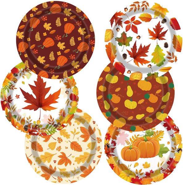 UROINEPA Thanksgiving Plates 60Pcs Fall Thanksgiving Paper Plates 9 Inch Autumn Maple Leaves Pumpkins Disposable Plates for Thanksgiving Fall Party Decoration Supplies