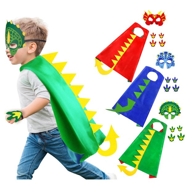 iROLEWIN Dinosaur-Costume for Kids Dragon-Capes with Tails Dino Masks Claws as Toddlers Dress-up Party Toys Favors 3-5 5-7