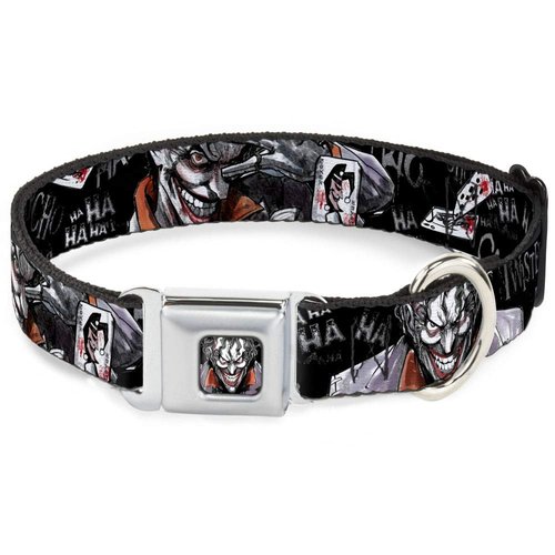 Buckle-Down Dog Collar Seatbelt Buckle Joker Brilliantly Twisted Psycho 2 Poses Cards Black Grays 18 to 32 Inches 1.5 Inch Wide