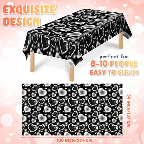 Tudomro 3 Pack 2000s Tablecloth Decoration Cholo Party Table Cover 90s Table Covers Heart Early Plastic Disposable Rectangle Table Decoration for Birthday Party Supplies, 54 x 108 Inches(Black)