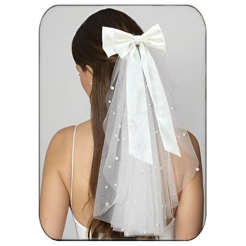 Jeairts Wedding Bow Veil White Pearl Hair Clip Tulle Bridal Hair Bow with Clip Bachelorette Party...
