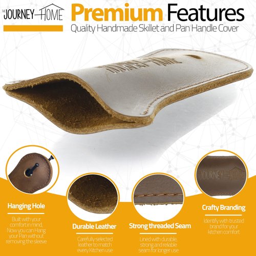 The Journey Home Cast Iron Skillet Handle Covers - Cast Iron Handle Cover w/Metal Scrubber - Heat Resistant Leather Pan Handle w/Hole - Cast Iron Accessories - Gift sets for men - Chainmail Scrubber