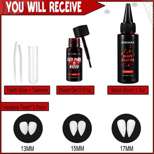 BOBISUKA Halloween Vampire Teeth Fake Blood Makeup Kit, Special Effects SFX Makeup Set 3 Pairs Vampire Fangs + 2Pcs Realistic Washable Fake Blood for Halloween, Vampire, Cosplay, Costume Party