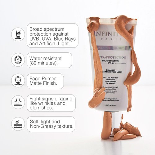 Infinitek Paris Skin Care Face Sunscreen Tinted Mineral Moisturizer Lotion SPF 50, 1.75Fl Oz - UVA/UBV and Blue Light Protection, Matte Finish, Water Resistant, Daily Lightweight Facial Sunblock