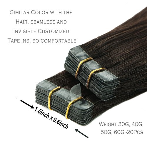 Purfasion Tape in Hair Extensions Remy Human Hair Dark Brown Invisible Skin Wef 18inch 40g 20 Pieces Staight Tape ins for Fashion Women (16Inch #2 40g) Dark Brown Tape in Extensions