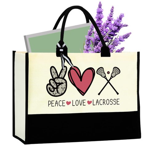 Lacrosse Gifts for Girls Lacrosse Canvas Tote Bag Gifts for Lacrosse Moms Team Member Players Birthday Christmas Gifts for Women Her Sister Friend Bestie Travel Beach Bag - Peace Love Lacrosse