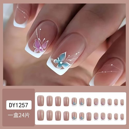 French Tip Press on Nails Medium Coffin Fake Nails Glossy Pink Blue Butterfly Design Acrylic Nails Glossy Glue on Nails Full Cover Stick on Nails Square Shaped False Nails for Women Girls Nail 24 Pcs