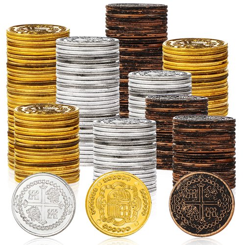 Charniol 300 Pcs Plastic Gold Coins Pirate Coins Kids Fake Play Coins Replica Spanish Doubloons for Pirate Party Treasure Chest Games Tokens Toys Cosplay Halloween, Gold, Silver, Bronze (Round)