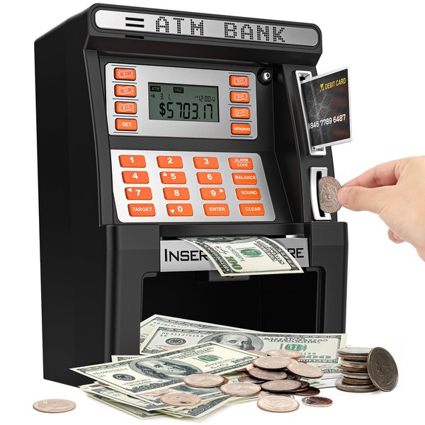 Heuceou ATM Piggy Bank for Kids, Upgraded Power-Off Memory Function for Real Money Safe with Debit Card,Coin Recognition,Bill Feeder,Balance Calculator, Kids ATM Machine for Boys Girls