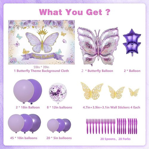 193Pcs Butterfly Birthday Decoration Purple Butterfly Party Decoration Balloon Arch Kit, Girl's Birthday Decoration Suitable For Birthday Wedding Anniversary Celebration Holiday Decoration