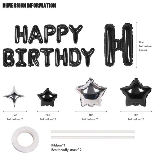 CANREVEL Happy Birthday Banner 13pcs 16 Inch Mylar Foil Letters with 12pcs Star Balloons Birthday Party Decorations for Kids and Adults - 3D Black