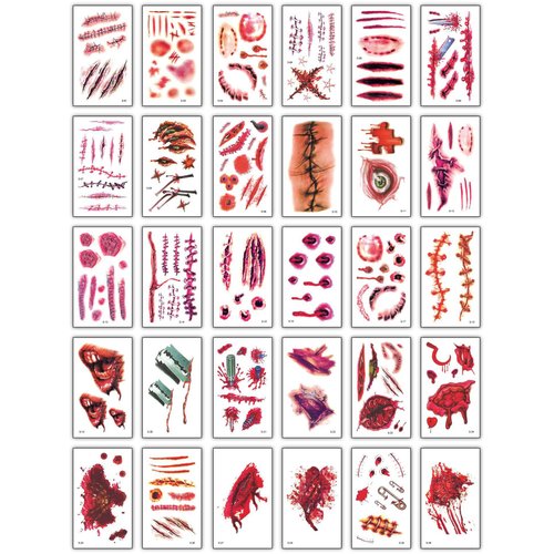 30 Pcs 3D Fake Scars Halloween Temporary Face Tattoos, Fake Woundstattoo Scary Face Wound Blood Scars Tatoos for Kids Women Men Boys Girls Adults Zombie Scar Stickers