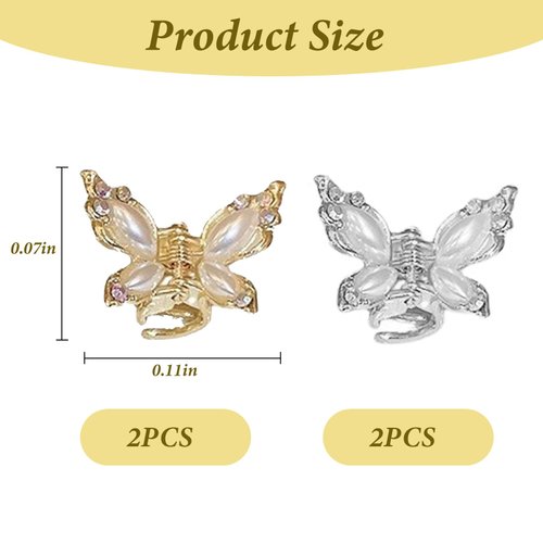 Crystal Rhinestone Mini Hair Clips for Girls - 4Pcs Gold Butterfly Hair Claw Clips Y2K Pearl Cute Small Alligator Claw Clips Duck Bill Hair Barrettes Hair Accessories for Women Girls Teens Gifts