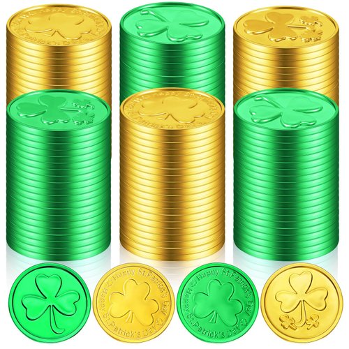 Hanaive 100 Pcs St. Patrick's Day Gold Coins Gold Green Lucky Coins Plastic Shamrock Leprechaun Coins for St. Patrick's Day Irish Themed Party Decoration Favors