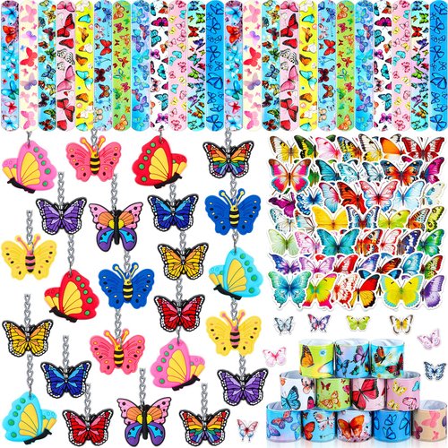 Huquary Butterfly Party Favors Butterfly Birthday Party Supplies Include Butterfly Slap Bracelets Butterfly Keychains Butterfly Stickers for Party Classroom Rewards Goodie Bags Stuffers(98 Pcs)