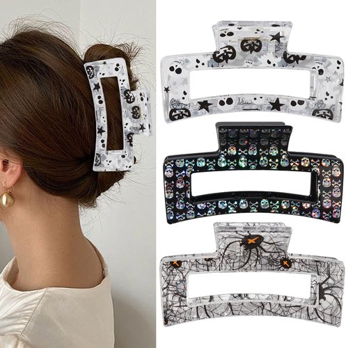 3Pcs Square Hair Clips White Skull Hair Claw Clips Black Pumpkin Hair Jaw Clips Transparent Spide...