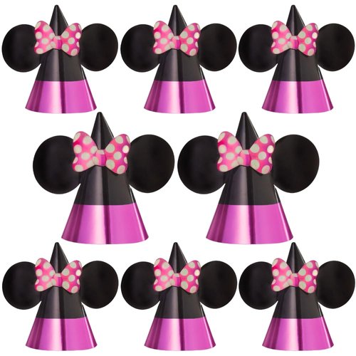 Amscan Minnie Mouse Forever Pink & Black Cone Hats - 7.25" x 6.5" (8 Pcs) - Vibrant Foil & Paper Party Accessories for Kids Themed-Parties & Events
