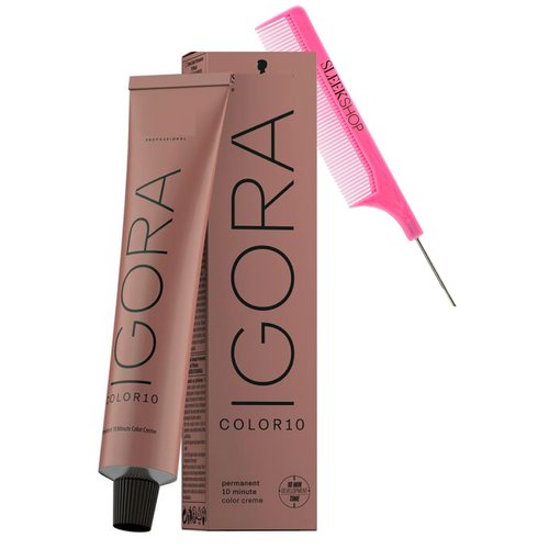 Sleekshop Comb + Igora COLOR10 Ten Minute Schwarzkapf Professional Color 10 PERMANENT Creme Hair Color Dye, 100% Coverage Cream Haircolor, Newest 2023-2024 Version (with SLEEKSHOP Argan-Oil Infused PINK Rat Tail Steel Pin Comb) (2352345234)