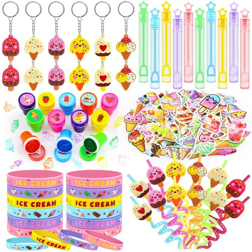BOIKOKY 110 PCS Ice Cream Party Favors Set - Fun and Colorful Party Supplies for Kids, Includes Drinking Straws, Wristbands, Macaron Bubble Wands, Stamps, Keychains, and Stickers