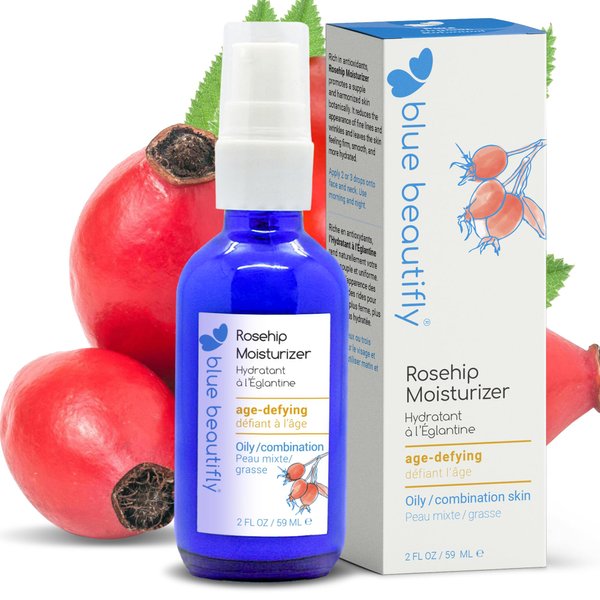 Blue Beautifly Rosehip Face Moisturizer | Restores Elasticity, Boosts Collagen, and Protects The Skin | Hyaluronic Acid Moisturizer Super-Charged with Ribose, and Marine Pine Bark Extract | 2 fl oz