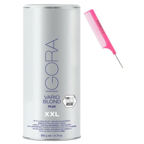 Vefi Comb + Schwarzkapf IGORA VARIO BLOND PLUS XXL, Blue Dust-Free Lightener, Blonde Lightening Powder, 2024-2025 Version (w/ Sleek Pink Comb) Anti-Yellow Effect Hair Bleach