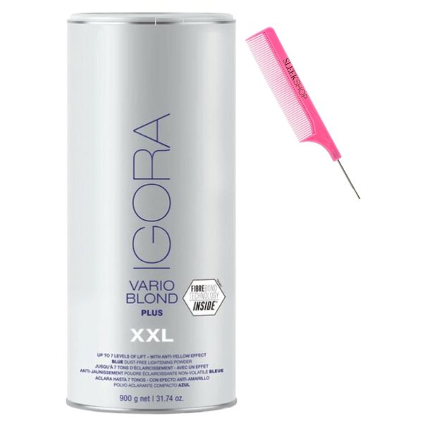 Vefi Comb + Schwarzkapf IGORA VARIO BLOND PLUS XXL, Blue Dust-Free Lightener, Blonde Lightening Powder, 2024-2025 Version (w/ Sleek Pink Comb) Anti-Yellow Effect Hair Bleach