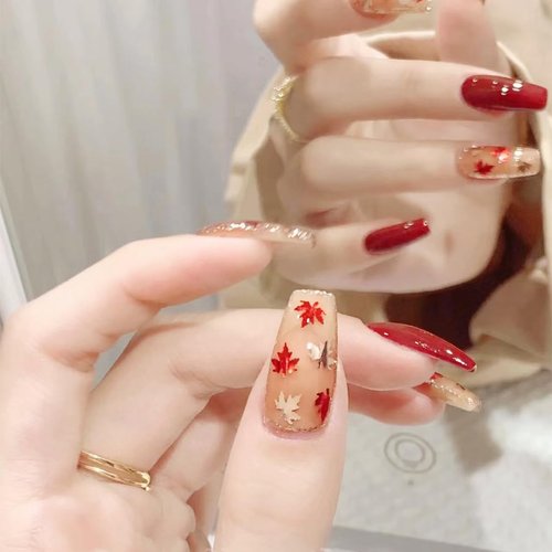 Fall Press on Nails Long Coffin Fake Nails -24Pcs Autumn Maple Leaves False Nails Thanksgiving Red Gold Maple Leaf Nail Glitter Flakes Design Nails with Glue Stick on Nails Decoration for Women Girls